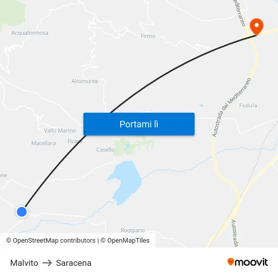 Malvito to Saracena map