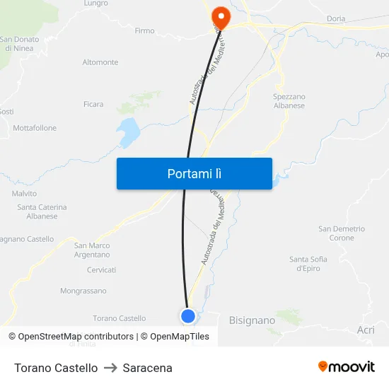 Torano Castello to Saracena map