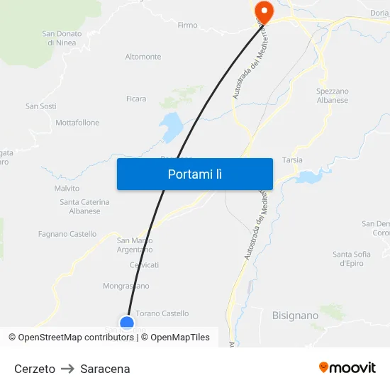 Cerzeto to Saracena map