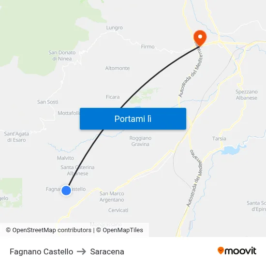 Fagnano Castello to Saracena map