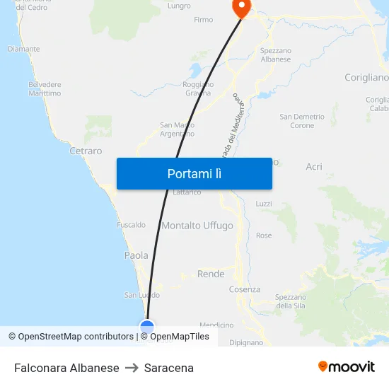 Falconara Albanese to Saracena map