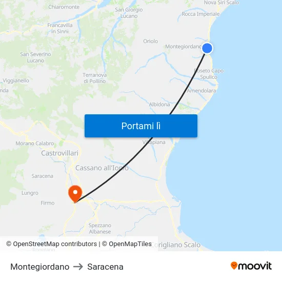Montegiordano to Saracena map