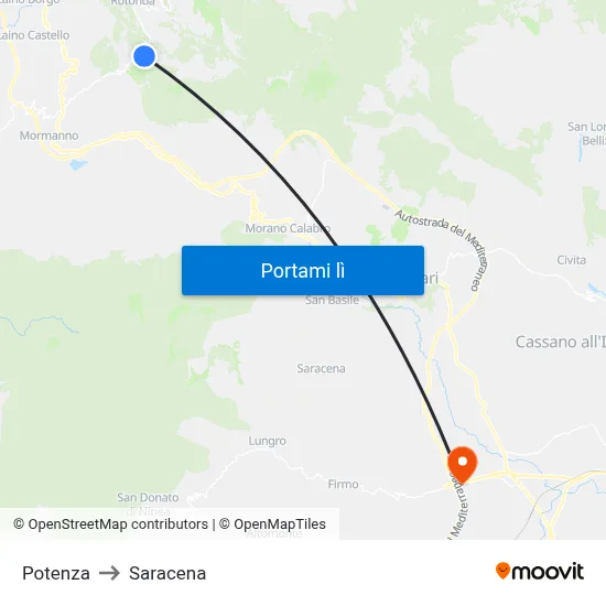 Potenza to Saracena map