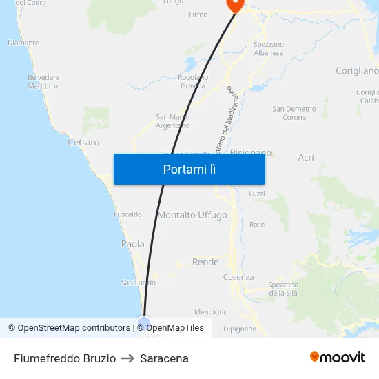 Fiumefreddo Bruzio to Saracena map