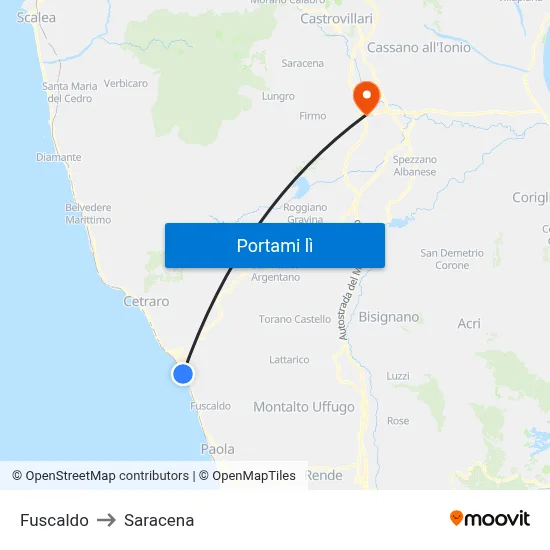 Fuscaldo to Saracena map