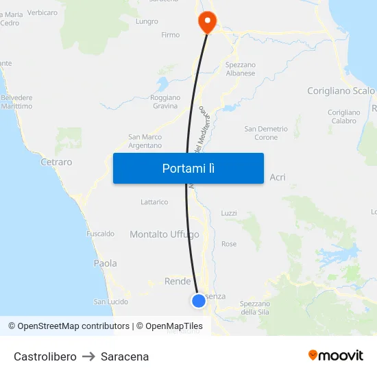 Castrolibero to Saracena map