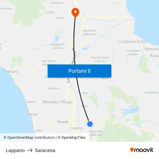 Lappano to Saracena map