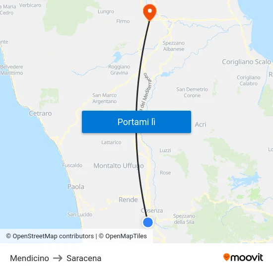 Mendicino to Saracena map