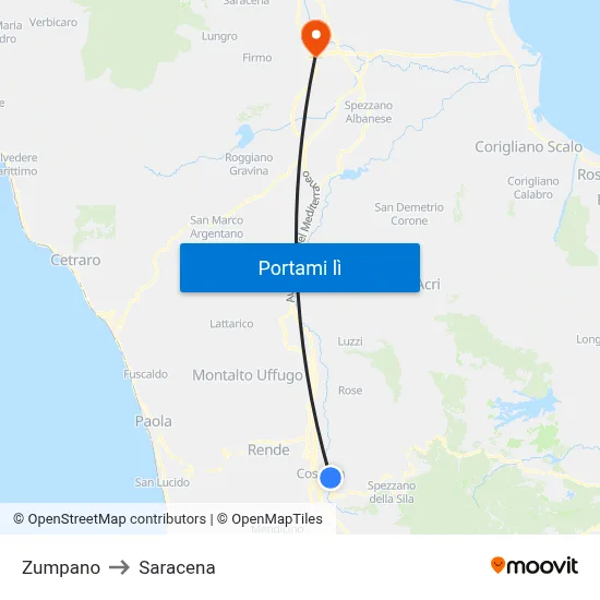 Zumpano to Saracena map