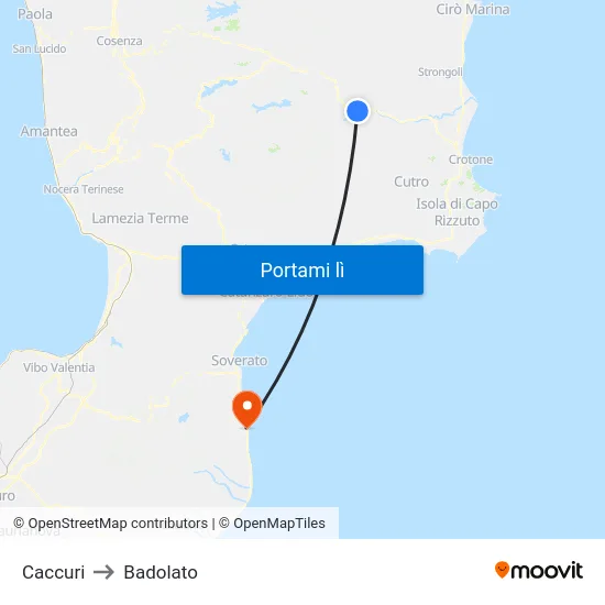 Caccuri to Badolato map