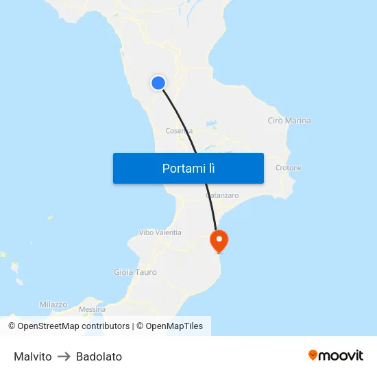 Malvito to Badolato map