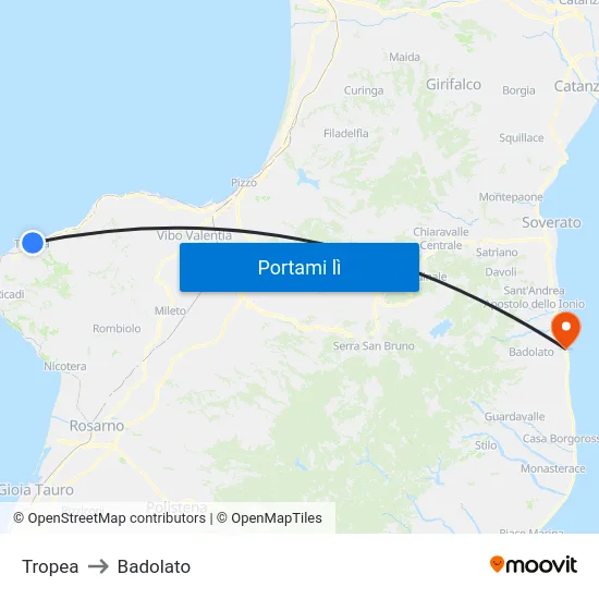 Tropea to Badolato map