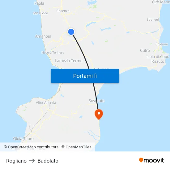 Rogliano to Badolato map