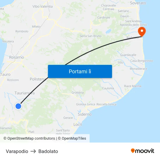 Varapodio to Badolato map