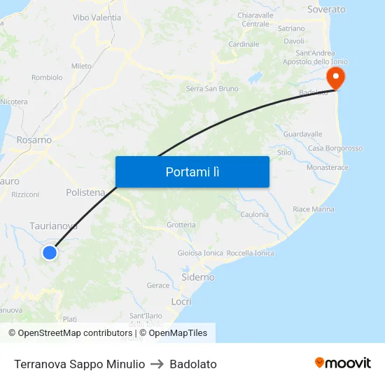 Terranova Sappo Minulio to Badolato map