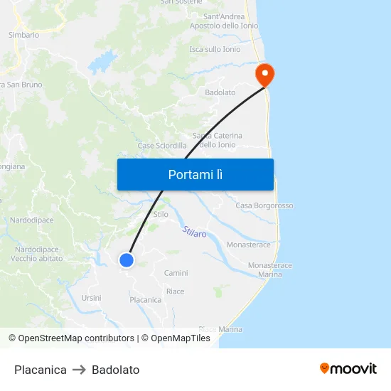 Placanica to Badolato map