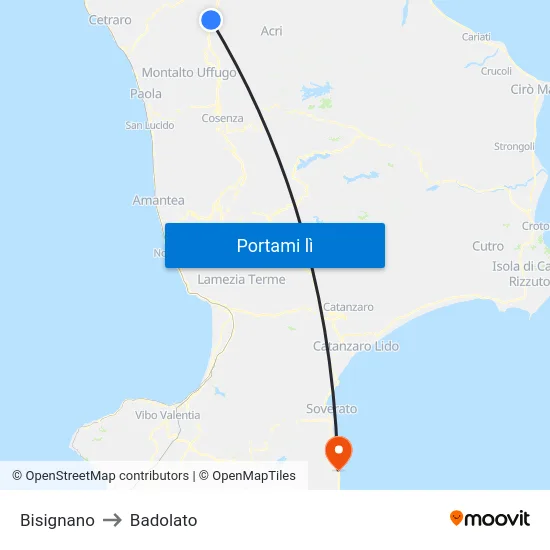 Bisignano to Badolato map
