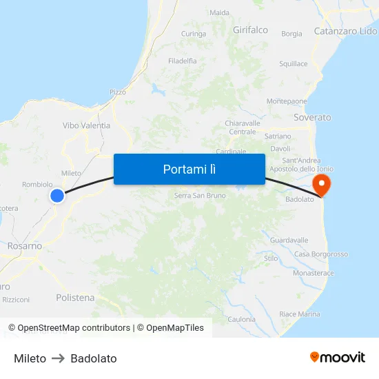 Mileto to Badolato map