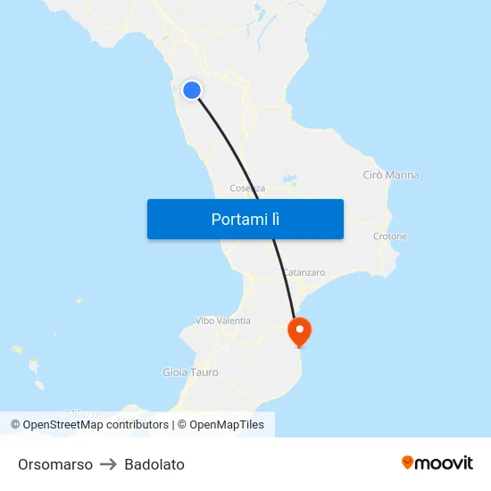 Orsomarso to Badolato map