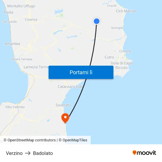 Verzino to Badolato map