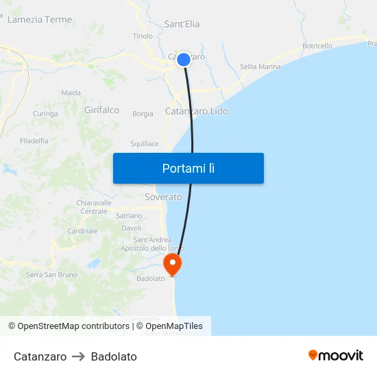 Catanzaro to Badolato map