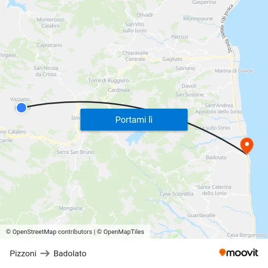 Pizzoni to Badolato map