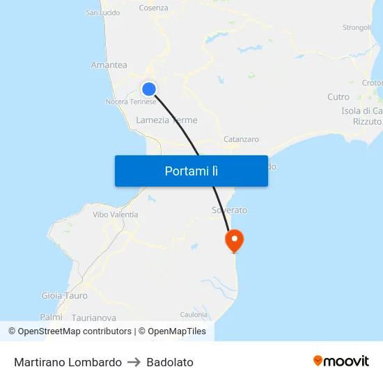 Martirano Lombardo to Badolato map