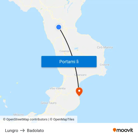 Lungro to Badolato map