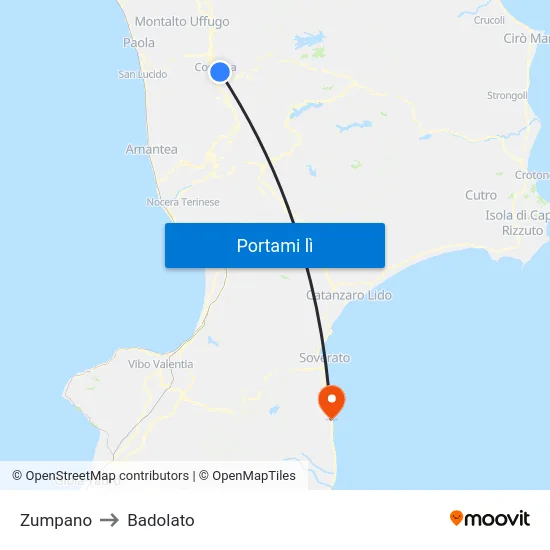 Zumpano to Badolato map