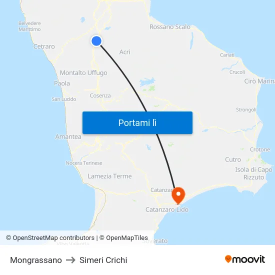 Mongrassano to Simeri Crichi map