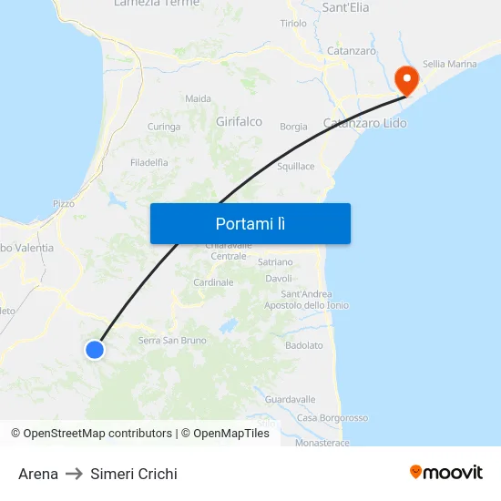 Arena to Simeri Crichi map