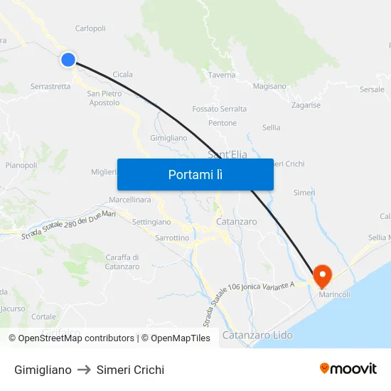 Gimigliano to Simeri Crichi map