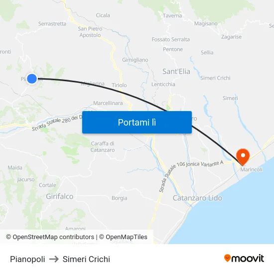 Pianopoli to Simeri Crichi map