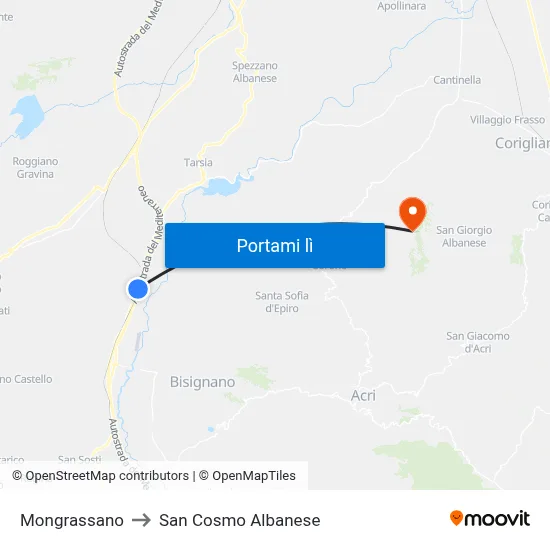 Mongrassano to San Cosmo Albanese map