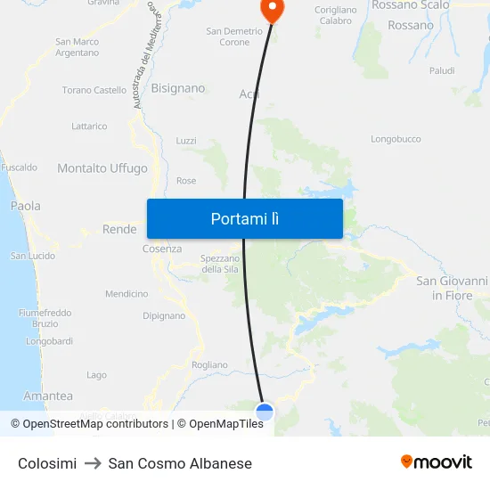 Colosimi to San Cosmo Albanese map