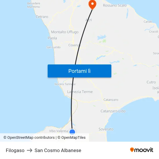 Filogaso to San Cosmo Albanese map