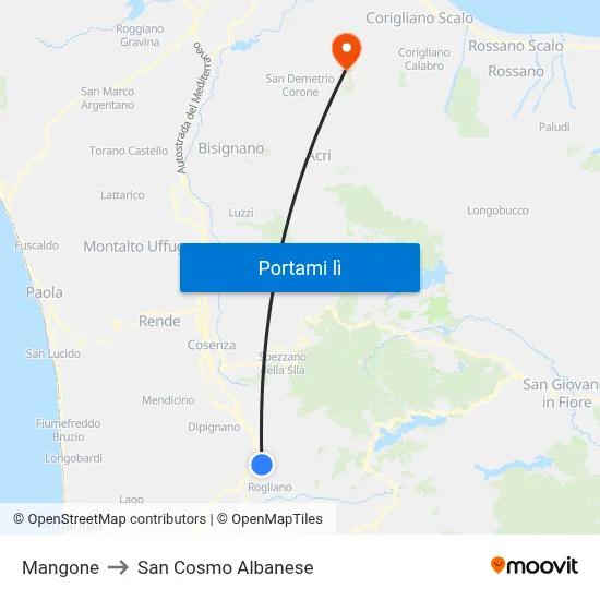 Mangone to San Cosmo Albanese map
