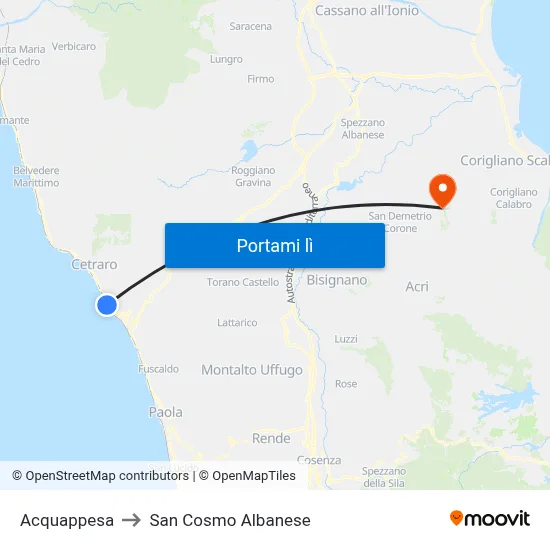 Acquappesa to San Cosmo Albanese map