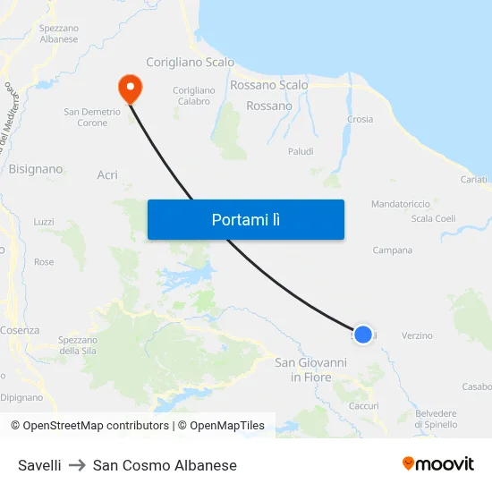 Savelli to San Cosmo Albanese map
