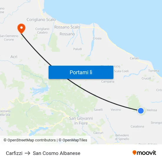 Carfizzi to San Cosmo Albanese map