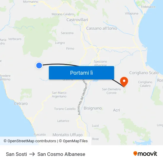 San Sosti to San Cosmo Albanese map