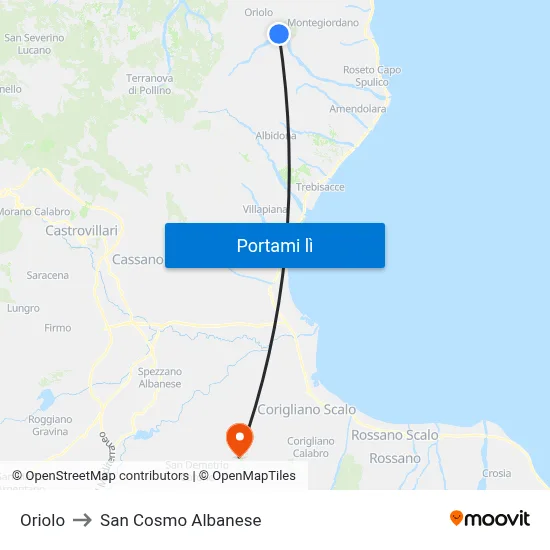 Oriolo to San Cosmo Albanese map