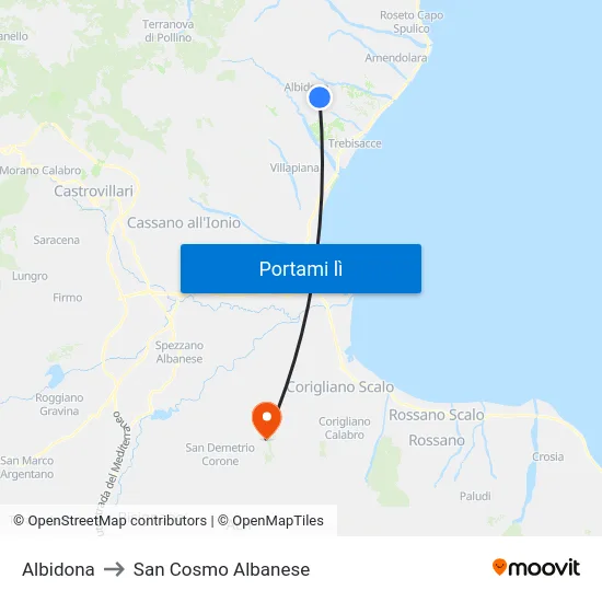 Albidona to San Cosmo Albanese map
