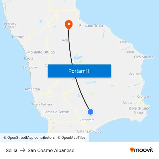 Sellia to San Cosmo Albanese map