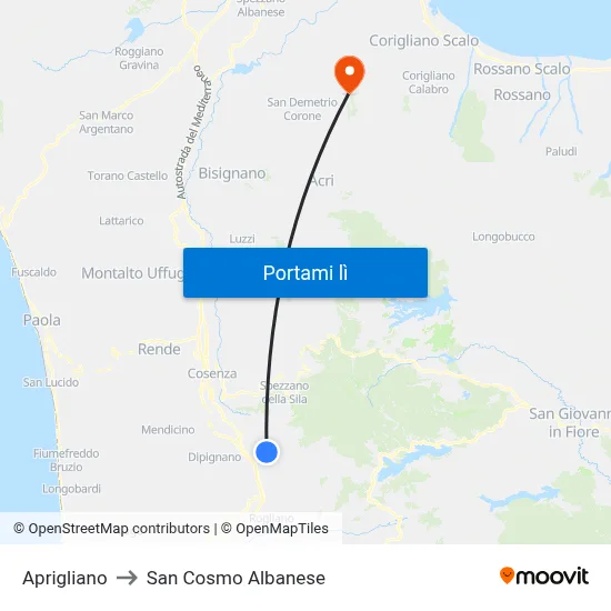 Aprigliano to San Cosmo Albanese map