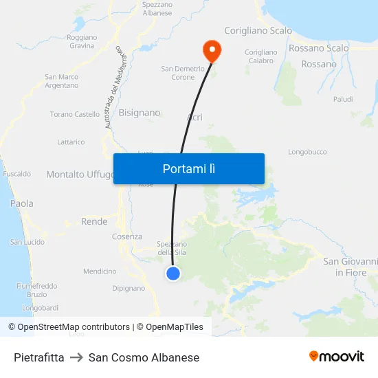 Pietrafitta to San Cosmo Albanese map