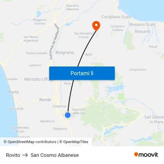 Rovito to San Cosmo Albanese map