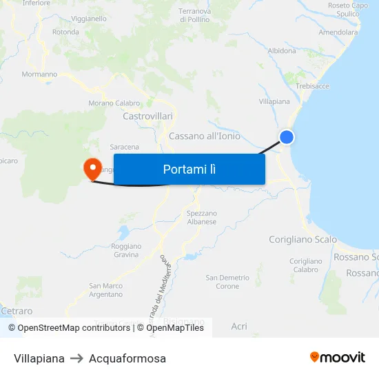 Villapiana to Acquaformosa map