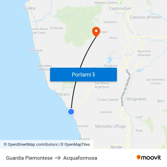 Guardia Piemontese to Acquaformosa map