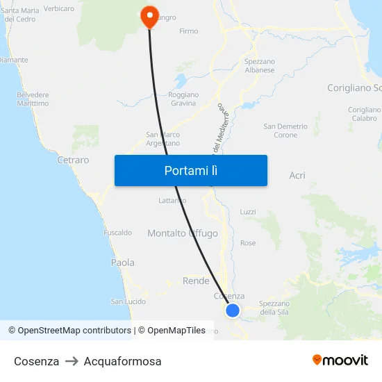 Cosenza to Acquaformosa map